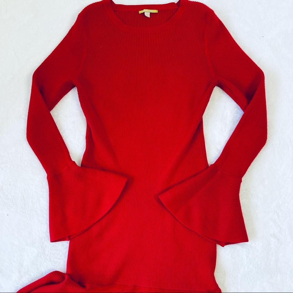 Gianni Bini Red Sweater Dress with Fluted Sleeves and Hem M